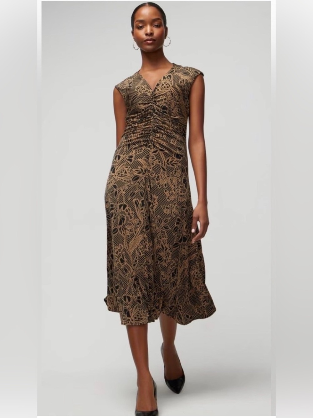 White House Black Market Dress Black and Tan V-neck Ruched Dress